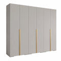 Moderner Kleiderschrank Inova 1 mit Regalen und Kleiderstange, Weiß und Goldakzente, 236,7x300x47 cm
