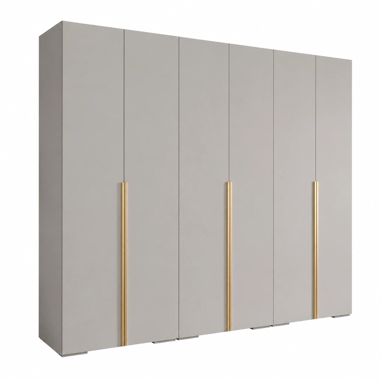Moderner Kleiderschrank Inova 1 mit Regalen und Kleiderstange, Weiß und Goldakzente, 236,7x300x47 cm