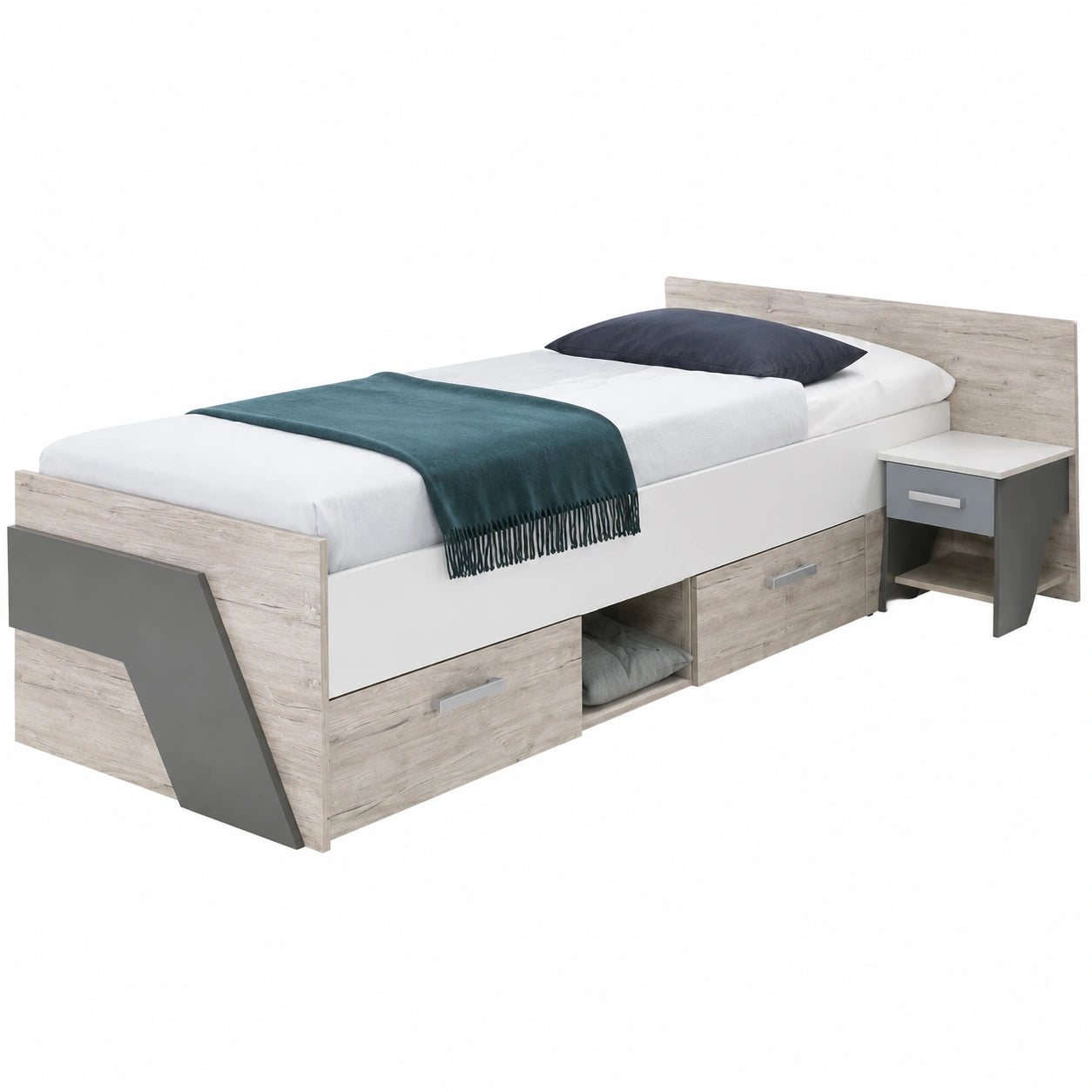 Modernes Jugendzimmer Set mit Bett, Kleiderschrank und Schreibtisch - Sandeiche & Blau