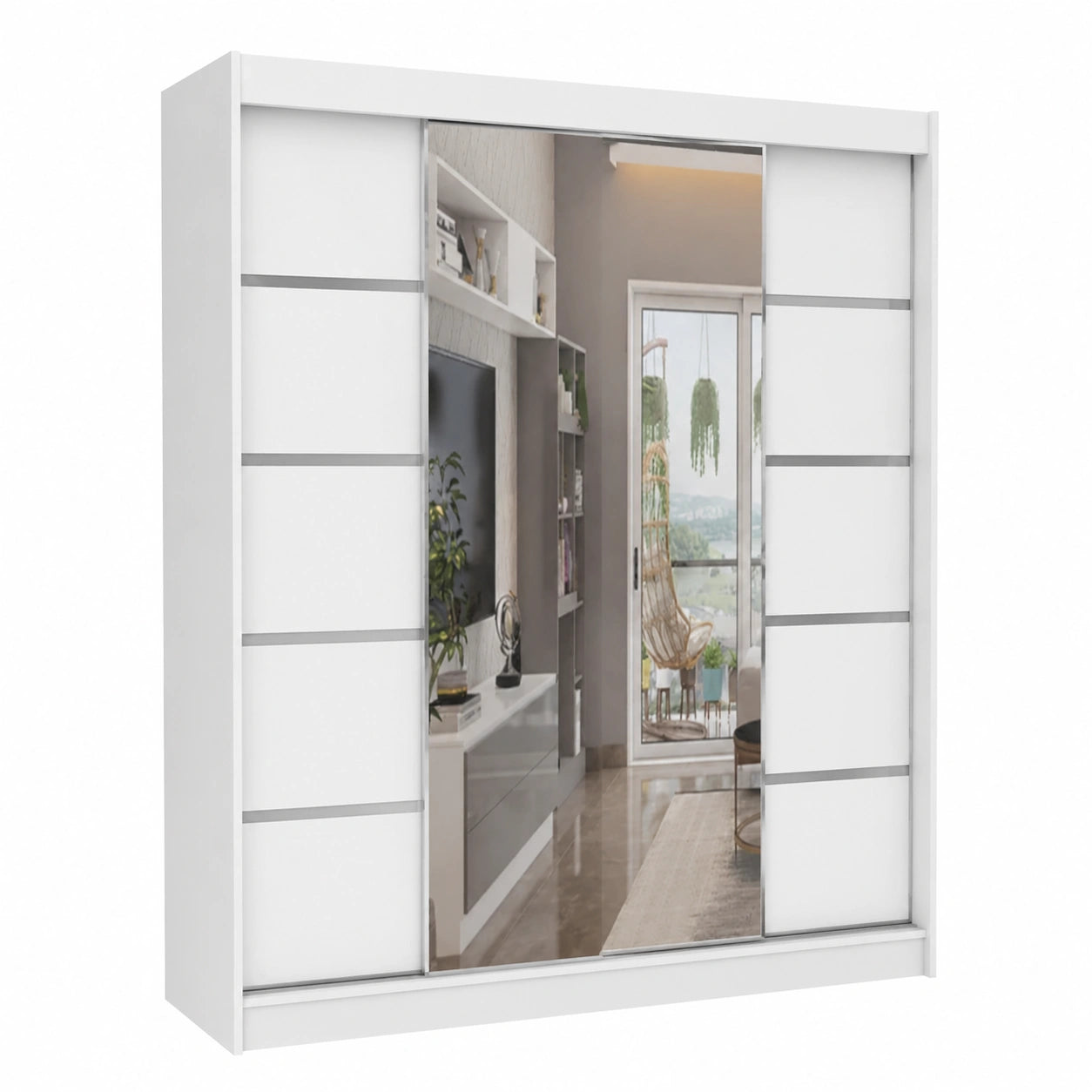 ML Schiebetürenschrank mit Spiegel - 180 x 215 x 58 cm - Weiß - Kleiderschrank für Schlafzimmer
