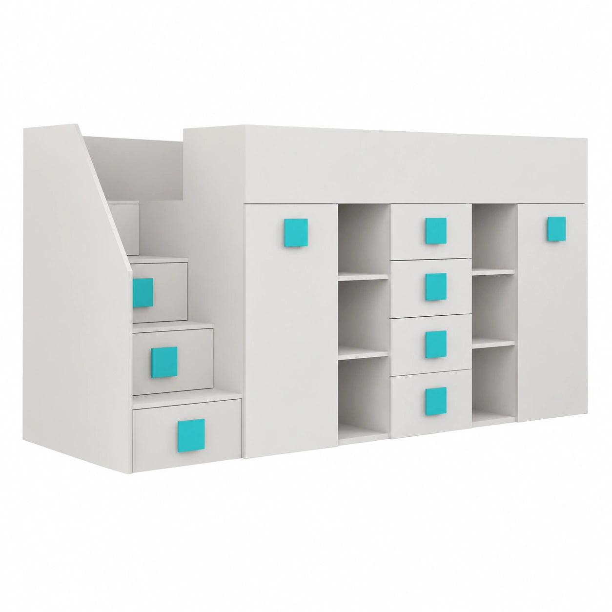Mehrzweck Hochbett für Kinder und Jugendliche mit Stauraum, Schreibtisch und Kleiderschrank - Weiß/Türkis