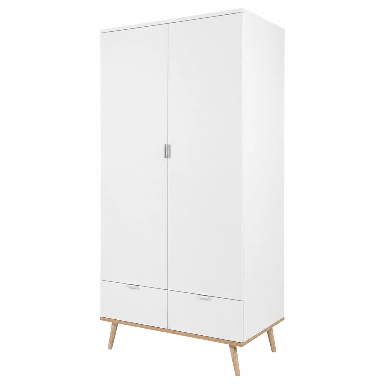 Moderner 2-türiger Kleiderschrank mit Schubladen in Weiß, skandinavisches Design