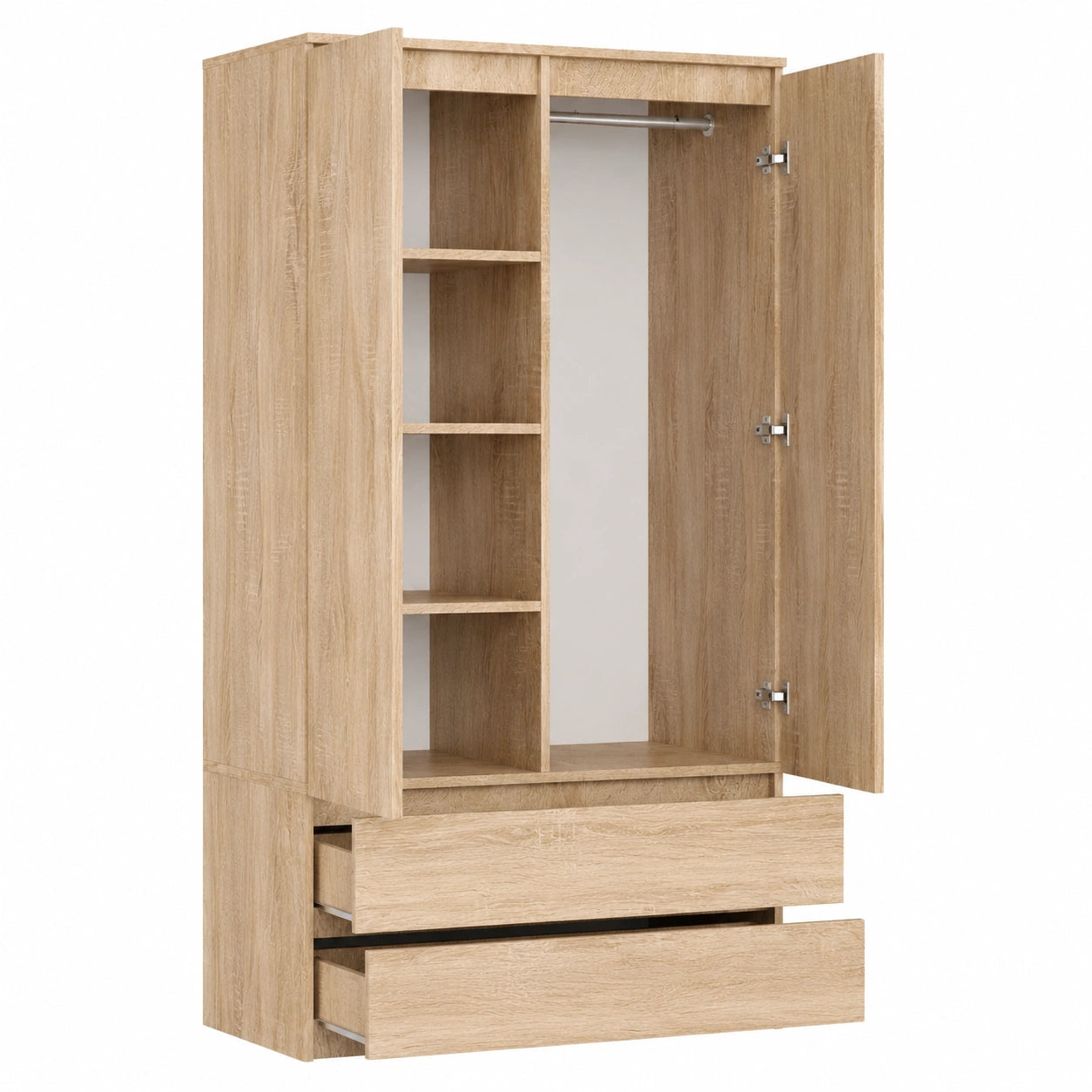 Moderner Kleiderschrank mit 2 Türen, 4 Einlegeböden und 2 Schubladen, Eiche Sonoma, 180x90x51cm, ideal für Schlafzimmer und Wohnbereich