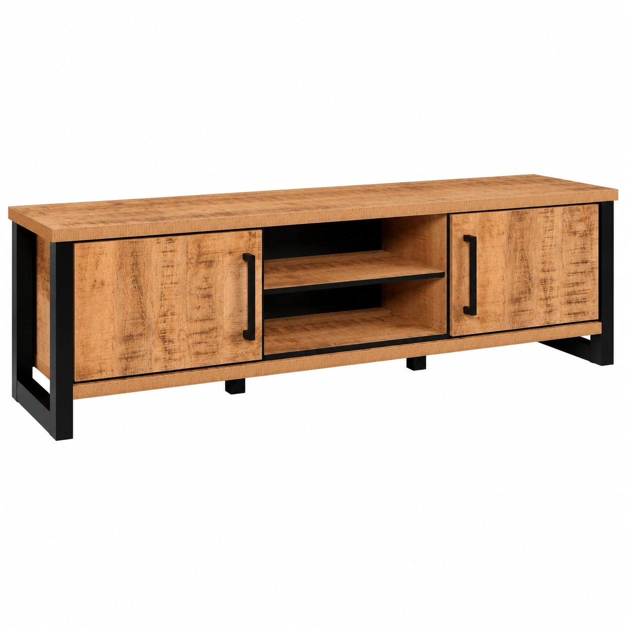 Trendteam TV-Lowboard Enna, Mangoholz und Schwarz, passend für Fernseher bis 65 Zoll, 2 Türen und offene Fächer, 166x50x45 cm