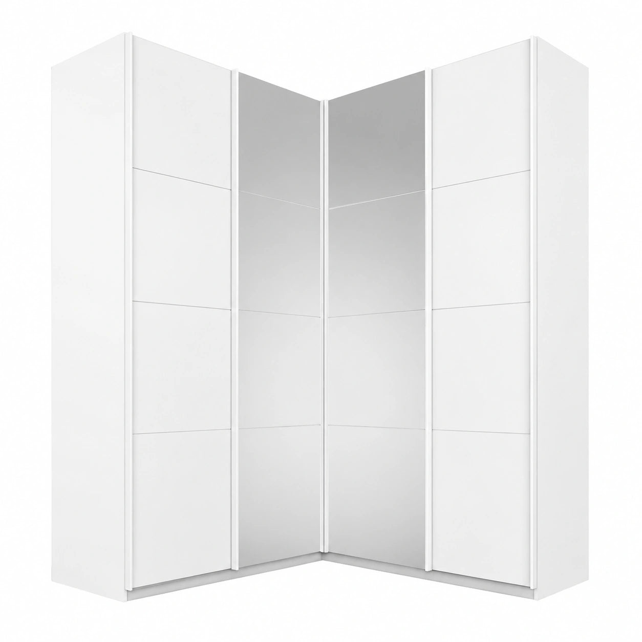 Rauch Quadra Eckschrank mit Spiegeltüren, Weiß, inklusive Kleiderstangen und Schubkästen, 181x229x187 cm