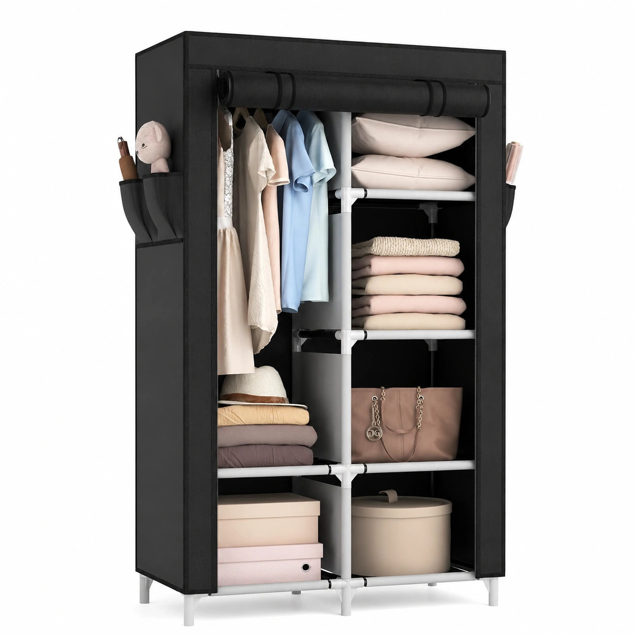 Vicye Stoffkleiderschrank mit Kleiderstange und Ablagen, Stabiler Schrank für Schlaf- und Ankleidezimmer, Schwarz 84x42x162 cm