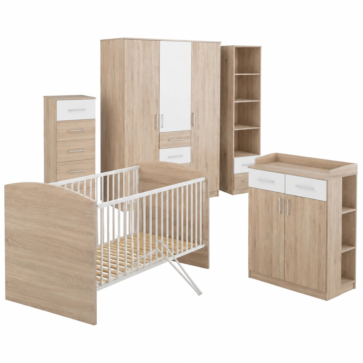 Lomadox Komplettes Babyzimmer-Set: Babybett, Kleiderschrank, Wickeltisch & Regal in Eiche-Weiß