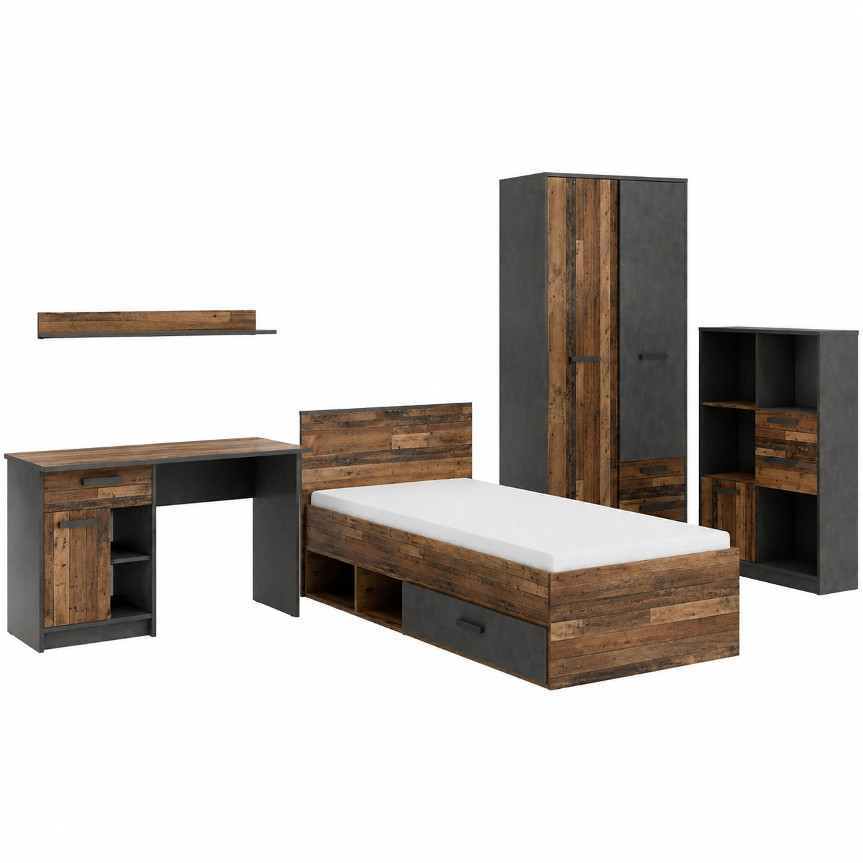 Lomadox Jugendzimmer Set: Bett 90x200, Schreibtisch, Kleiderschrank, Regal in Grau-Holz Optik