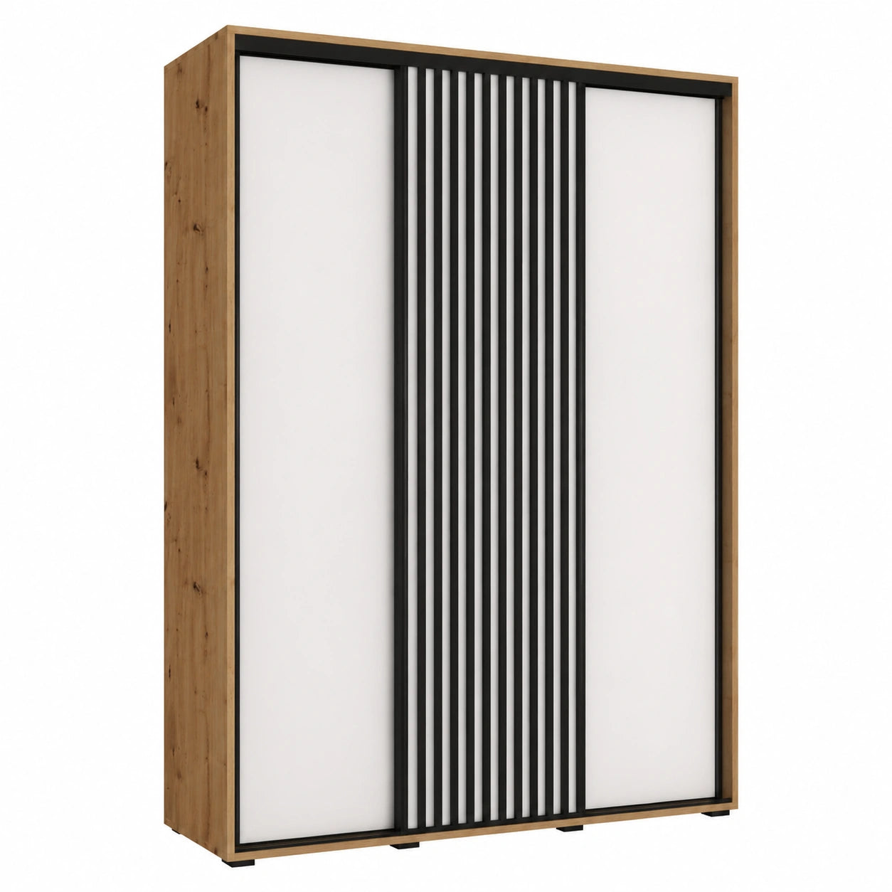 Moderner Kleiderschrank mit 3 Schiebetüren, Stangen und Regalen - Weiß/Schwarz - 235,2x160x45 cm