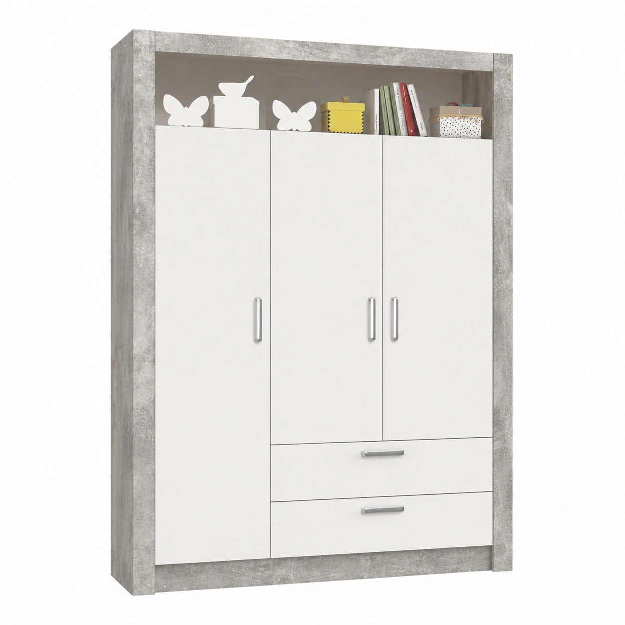 TIMO 3-türiger Babyzimmer-Kleiderschrank in Betonoptik, Weiß - Vielseitiger Stauraum 137x196x56 cm