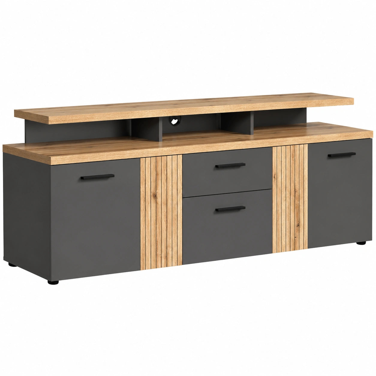 Modernes TV-Lowboard Grau/Eiche mit Türen und Schublade, 180 cm