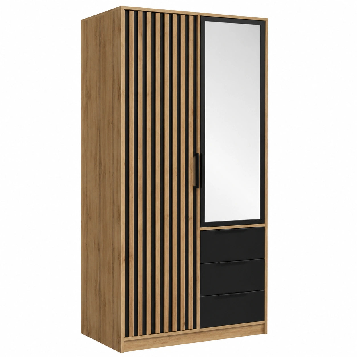 Moderner Kleiderschrank mit Spiegel und Schubladen in Eiche Wotan/Schwarz 100x200x57,5 cm