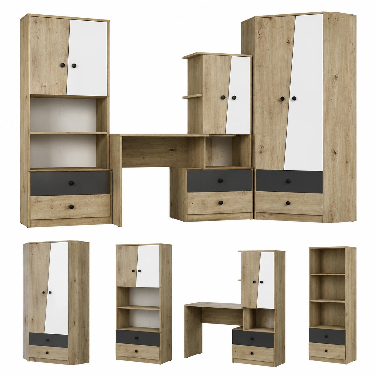 QMM Jugendzimmer Komplettset Neo mit Schrank, Schreibtisch und Regalen, Matt Schwarz