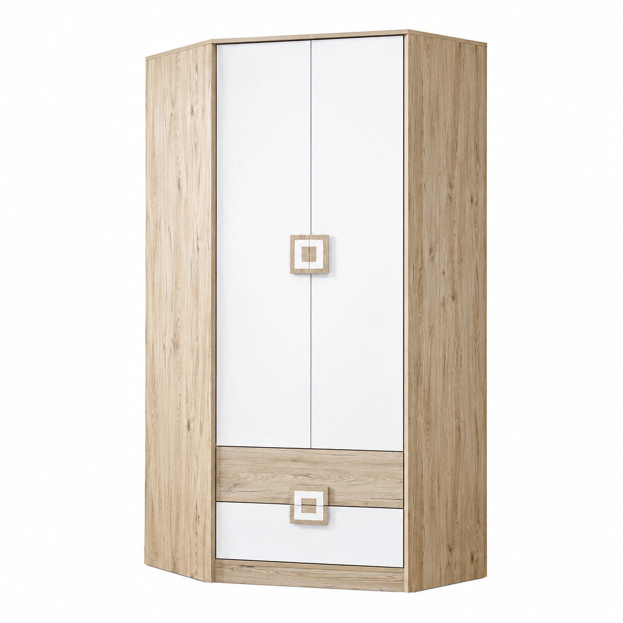 MINIO Eckkleiderschrank Nimes 87x190cm, Weiß/Eiche, 2 Türen, 2 Schubladen, 1 Stange, 3 Böden
