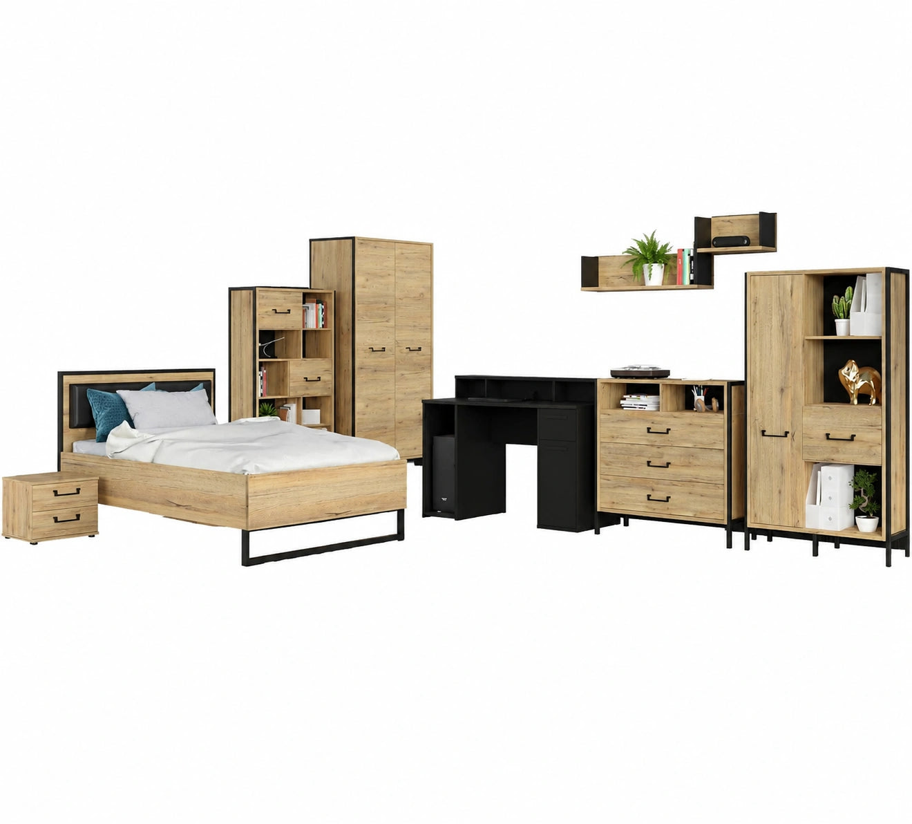 Modernes Jugend-Gaming-Set, 7-teilig: Schreibtisch, Funktionsbett, Kleiderschrank, Kommode, Regale & Nachttisch in Eichenoptik