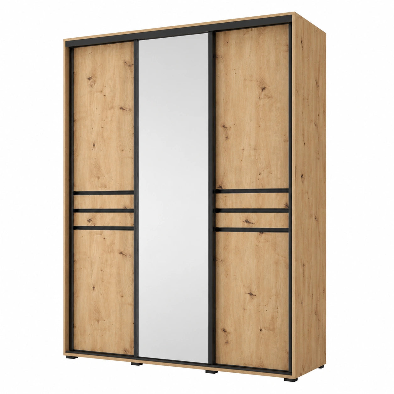 Moderner Kleiderschrank Davos 11 mit Schiebetüren und Spiegel – 180 cm, Schwarz/Artisan, für Schlafzimmer