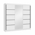 VELAR 3-türiger Schiebetürenschrank in Weiß mit Schwarz, 200x215x60 cm, Spiegel, 2 Kleiderstangen, 4 Schubladen