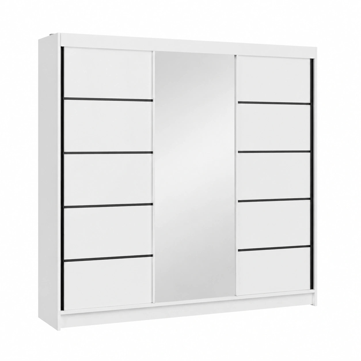 VELAR 3-türiger Schiebetürenschrank in Weiß mit Schwarz, 200x215x60 cm, Spiegel, 2 Kleiderstangen, 4 Schubladen