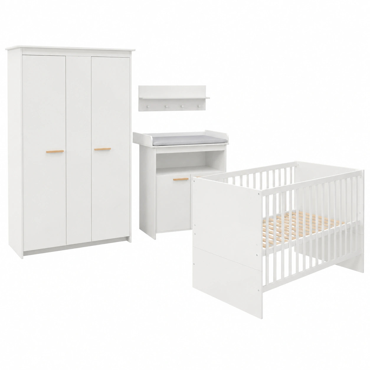 Roba Babyzimmer-Set 'Anton' mit umbaubarem Bett, Wickelkommode und Kleiderschrank, Weiß mit Buchenholzgriffen