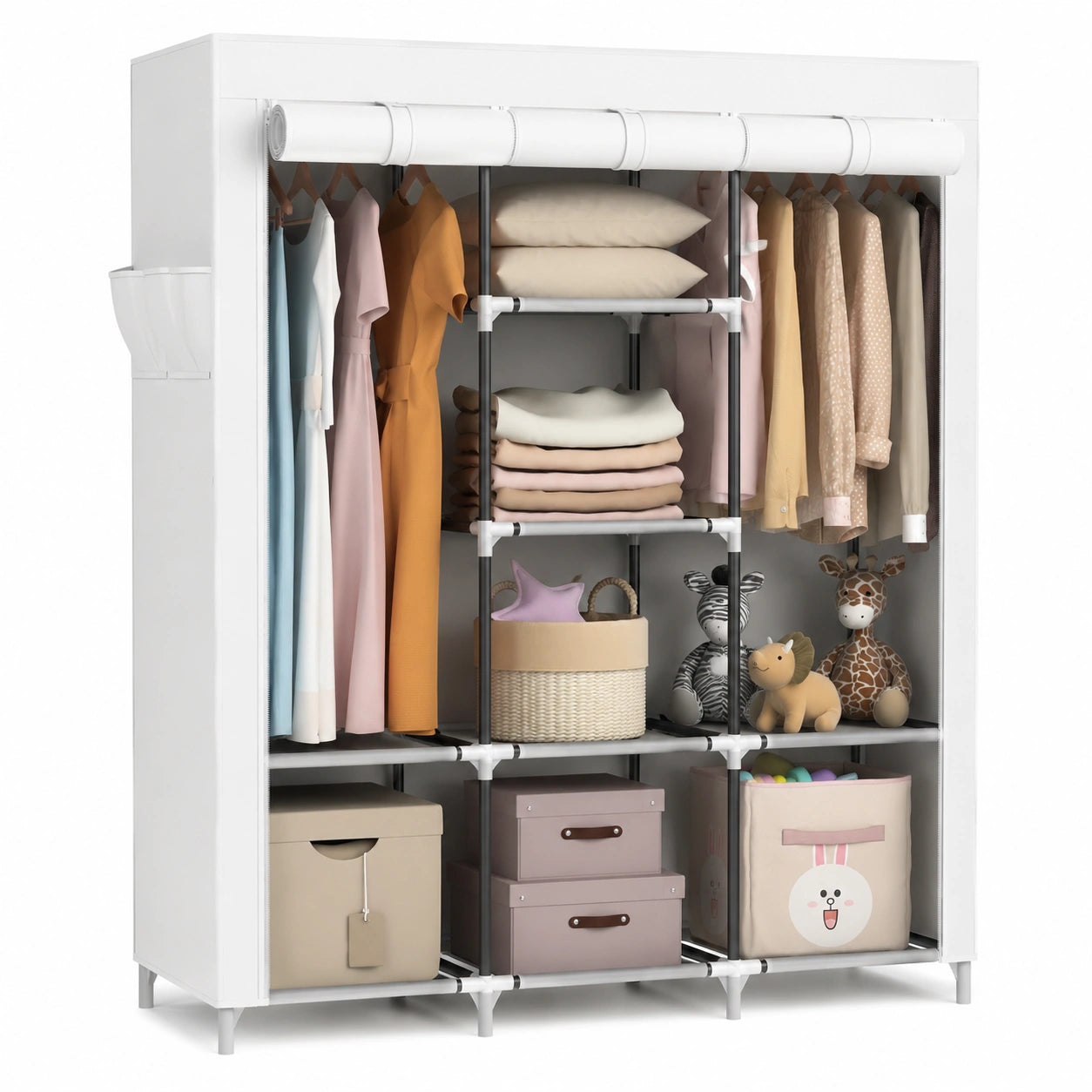 Vicye Faltbarer Stoffschrank mit Kleiderstangen und Ablagen, Tragbarer Garderobenschrank für Schlafzimmer, Weiß, 124 x 42 x 162 cm