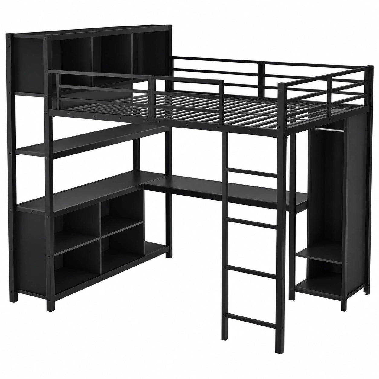 Merax Etagenbett mit integriertem Schreibtisch und Kleiderschrank, Metall und Holz, Schwarz, 140x200 cm