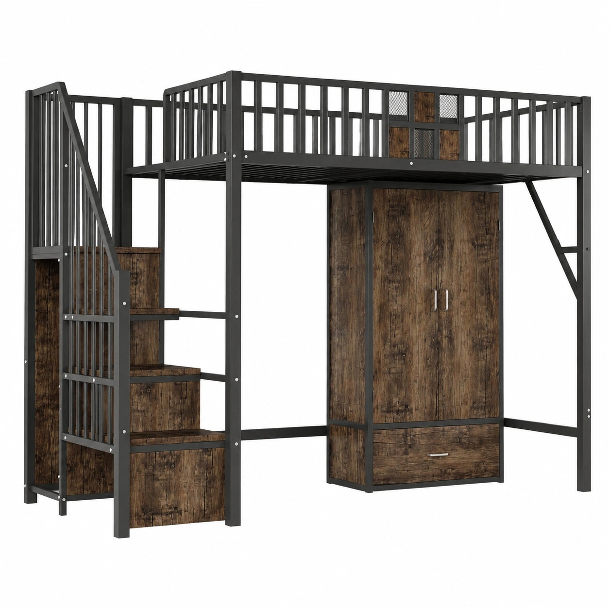 Modernes Metall-Hochbett mit Holz- und Metallakzenten, Inklusive Kleiderschrank und Schubladen, Schwarz, 255 x 95 x 170 cm