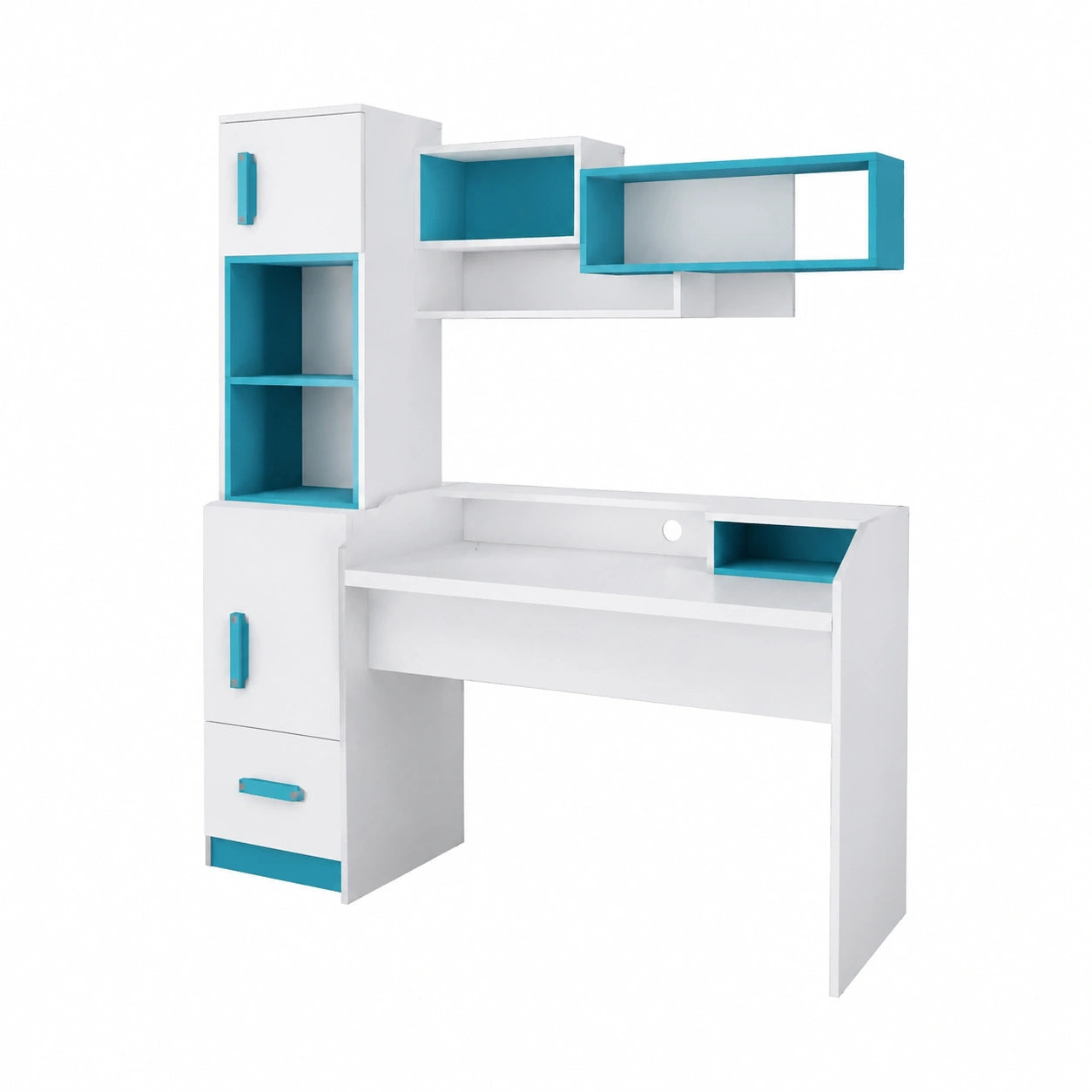 Komplettes Kinderzimmer-Set Thiago: Kleiderschrank, Regal, Schreibtisch, Wandregal, Kommode