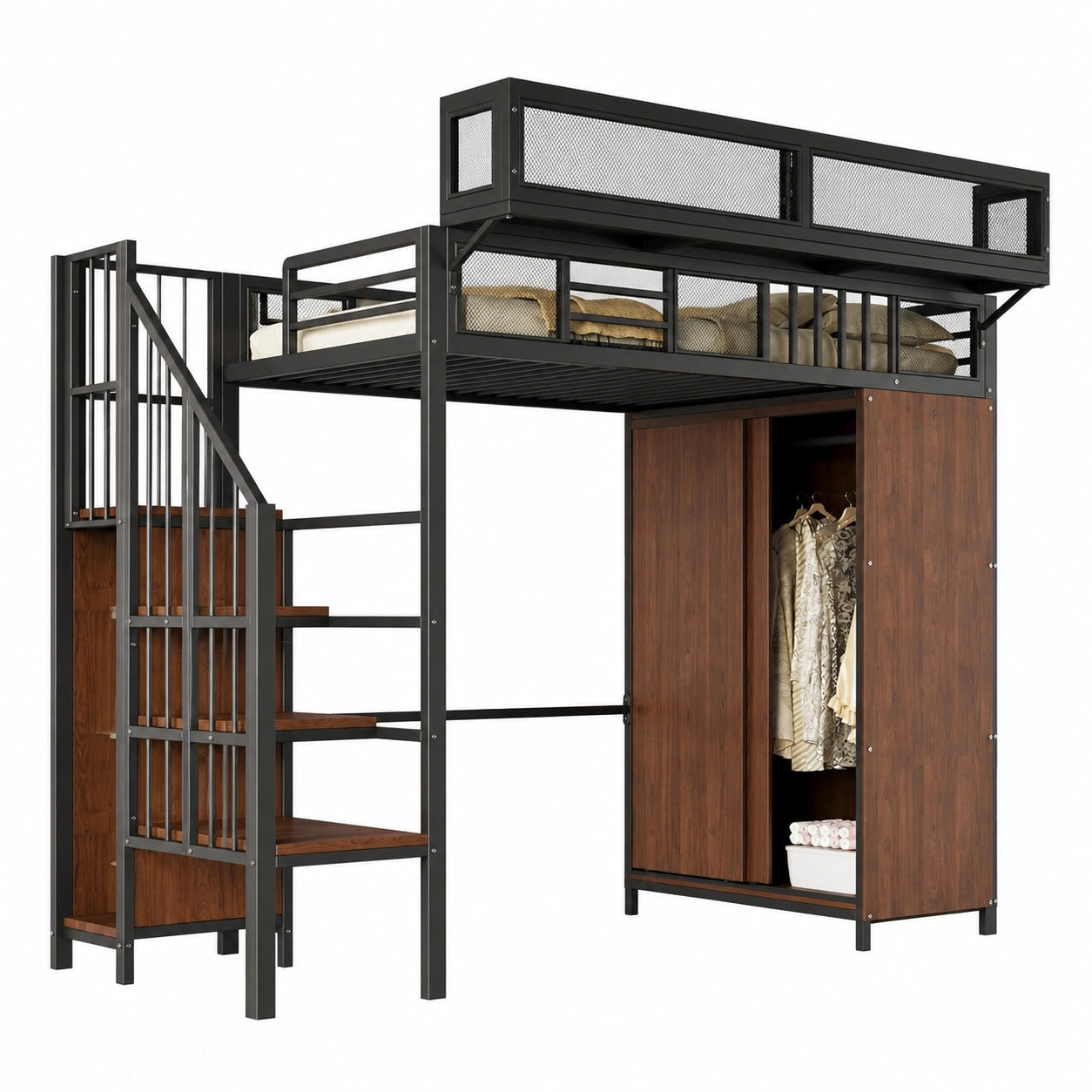 Merax Hochbett aus Metall mit Kleiderschrank, LED-Licht und Regalen, platzsparendes Loftbett, 90x200 cm, Schwarz