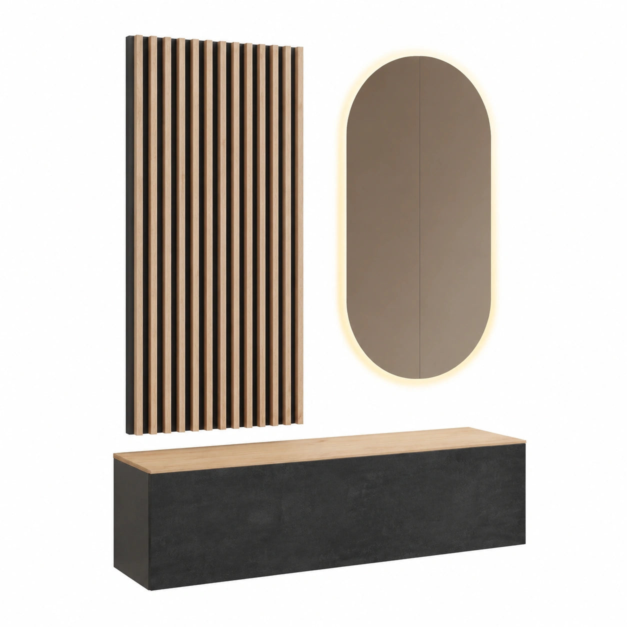 Moderne Garderoben-Set in Gold Eiche und Schwarz mit Spiegel – 100 cm Breite, Wandpaneel Anthrazit