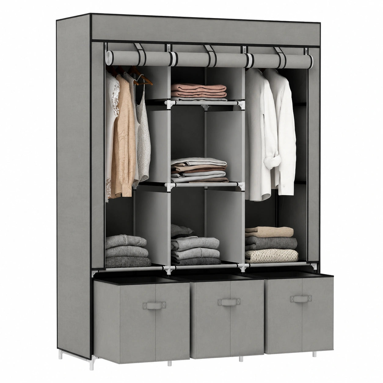 Moderner Stoffkleiderschrank mit Reißverschluss und Kleiderstange, hellgrau, 125 x 43 x 162,5 cm