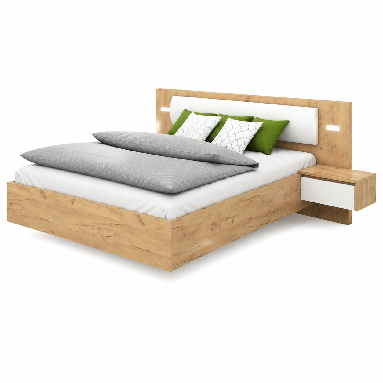 Modernes Schlafzimmermöbel-Set mit LED: Kleiderschrank, Kommode und Bett