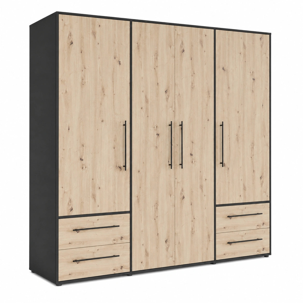 Moderner Kleiderschrank MOKKARIS, 4 Türen & Schubladen, Artisan Eiche mit Schwarz, 205x200x59 cm