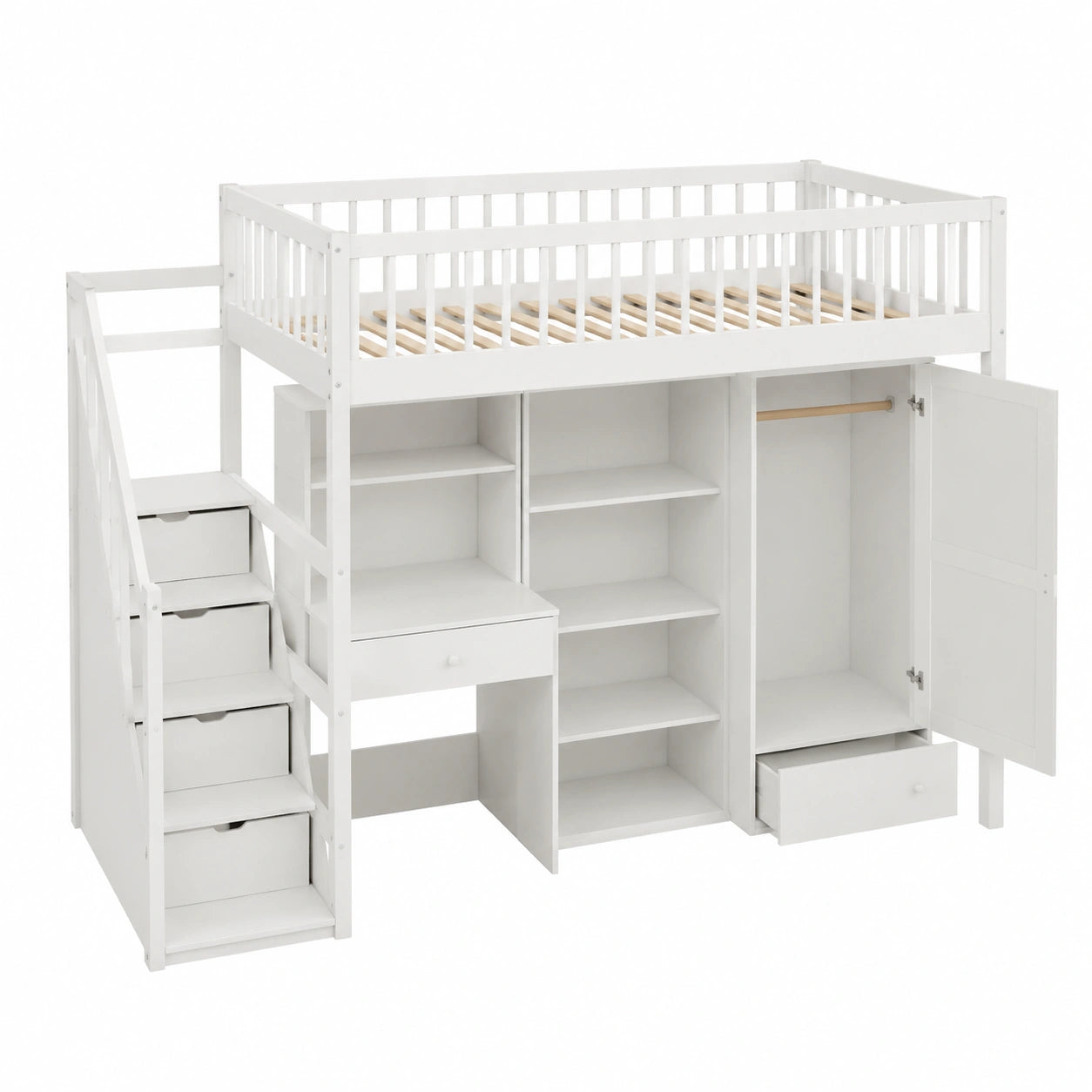 Hochbett für Kinder 90x200cm, flexibel montierbare Treppe, integrierter Tisch und Stauraum